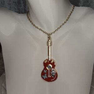 Handmade Guitar Necklace With Blue Rhinestones And Butterflies 20" Long Chain